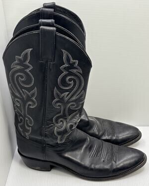 Justin Cowboy Boots 11 B Black Leather Western Scroll Stitch 1409 Pointed Toe